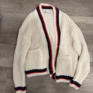 Zara Cream Cardigan with Red and Black Trim